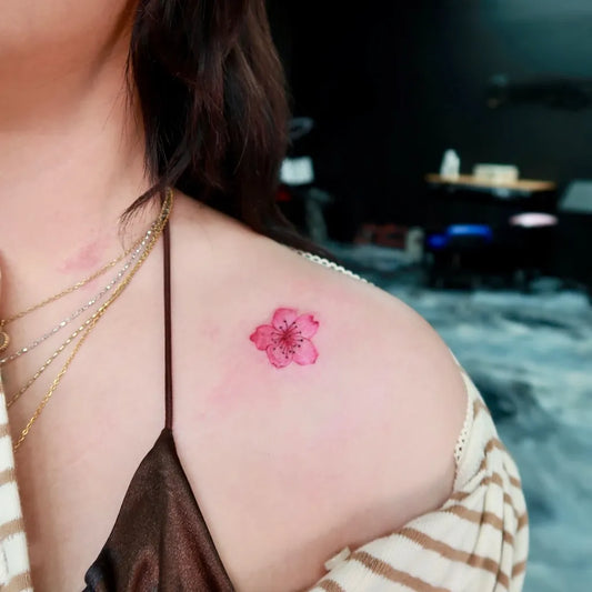 Small Fine Line Cherry Blossom on Women Shoulder Tattoo by @kimntattoo