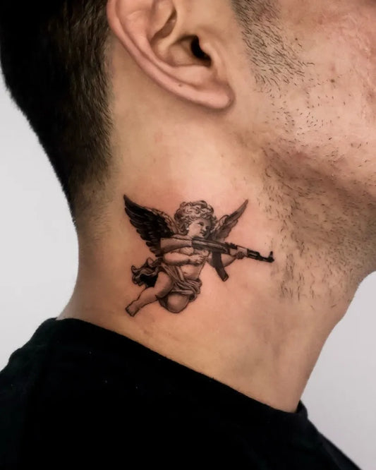 Small Fine Line Cherub with AK47 Tattoo on Men Neck by @zeya.tattoo