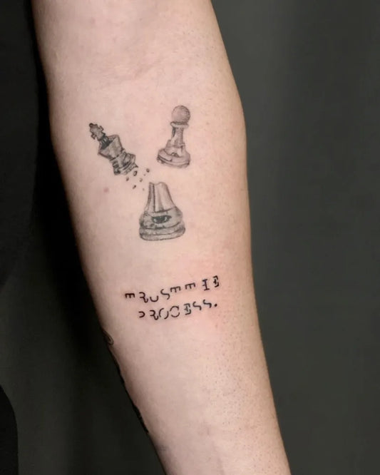 Small Fine Line Chess Pieces Quote Tattoo on Women Arm by @tattoos.bybella