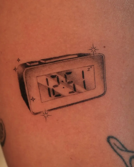 Small Fine Line Clock Tattoo on Women Arm by @katiejerwin