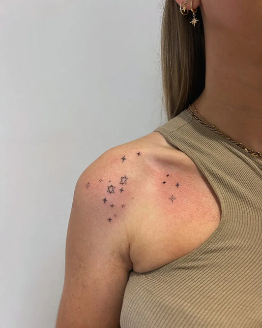 Small Fine Line Constellation Tattoo on Women Shoulder by @tinytatswigan