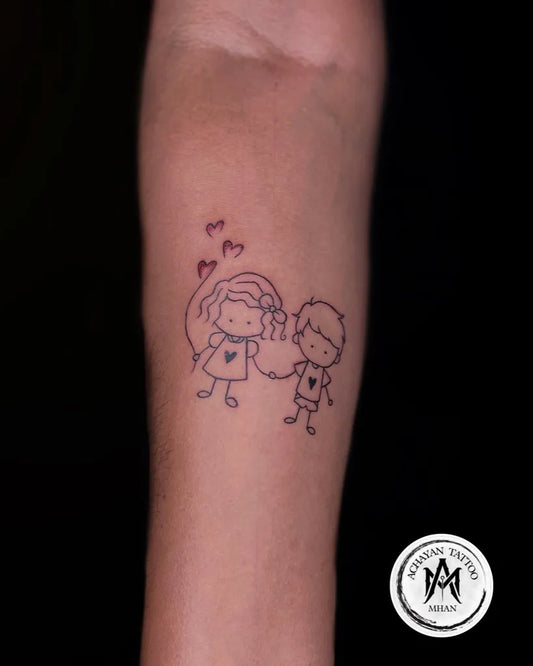 Small Fine Line Couple with Umbrella and Hearts Family Tattoo on Women Arm by @achayan._.tattoo._.mhan
