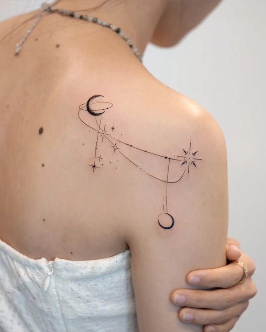 Small Fine Line Crescent Moon Constellation Stars on Women Shoulder Tattoo by @handitrip