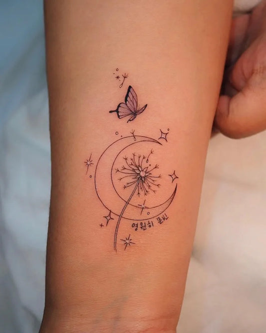 Small Fine Line Crescent Moon Dandelion Butterfly Tattoo on Women Forearm by @yeowool_tattooer
