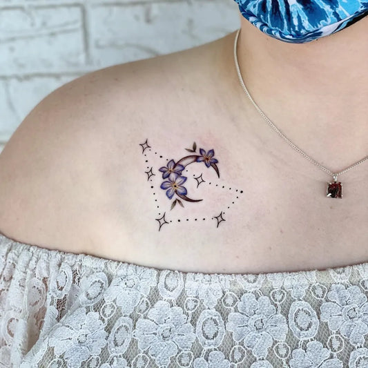 Small Fine Line Crescent Moon Flowers Constellation Tattoo on Women Shoulder by @ely_ink