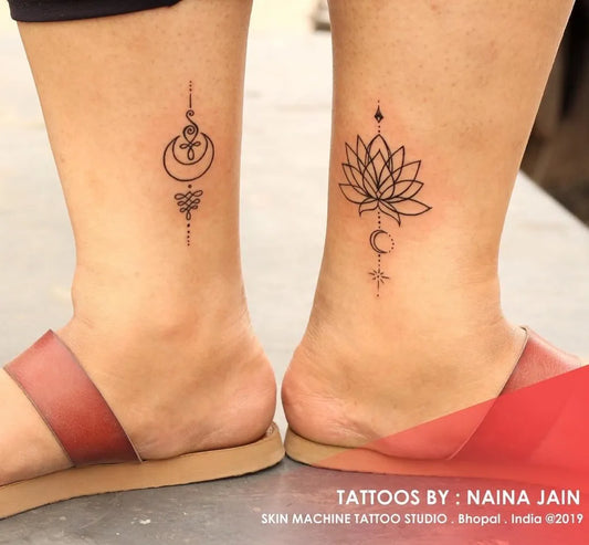 Small Fine Line Crescent Moon Lotus Tattoo on Women Ankles by @skinmachinetattoo