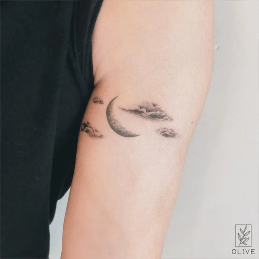 Small Fine Line Crescent Moon and Clouds Tattoo on Women Arm by @olive_ink_b