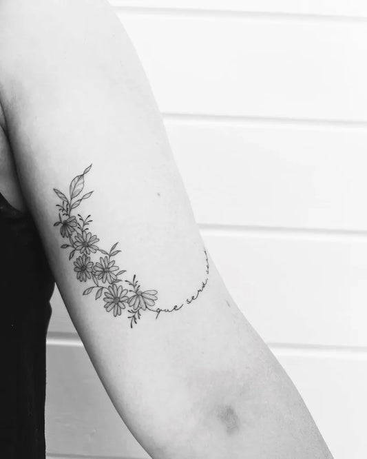 Small Fine Line Crescent Moon and Flowers Tattoo on Women Arm by @saltandinknz