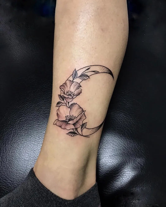 Small Fine Line Crescent Moon and Poppies Tattoo on Women Ankle by @juliabodyart
