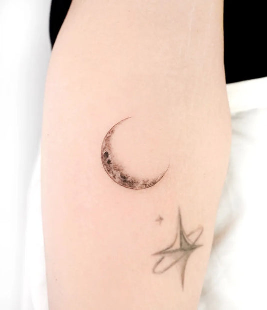 Small Fine Line Crescent Moon and Star Tattoo on Women Arm by @eontattoo