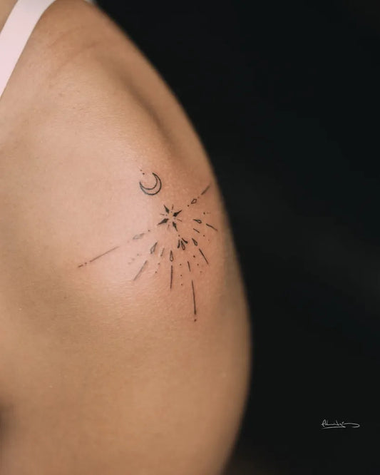 Small Fine Line Crescent Moon and Star Tattoo on Women Shoulder by @edgomz
