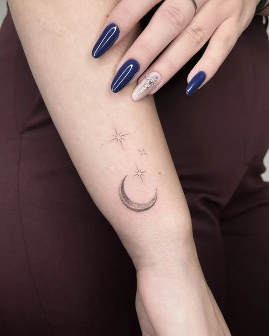 Small Fine Line Crescent Moon and Stars Tattoo on Women Arm by @raw_withlove