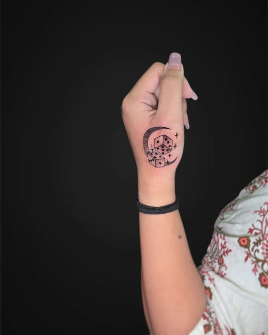 Small Fine Line Crescent Moon and Stars Tattoo on Women Wrist by @imaginetattoos7