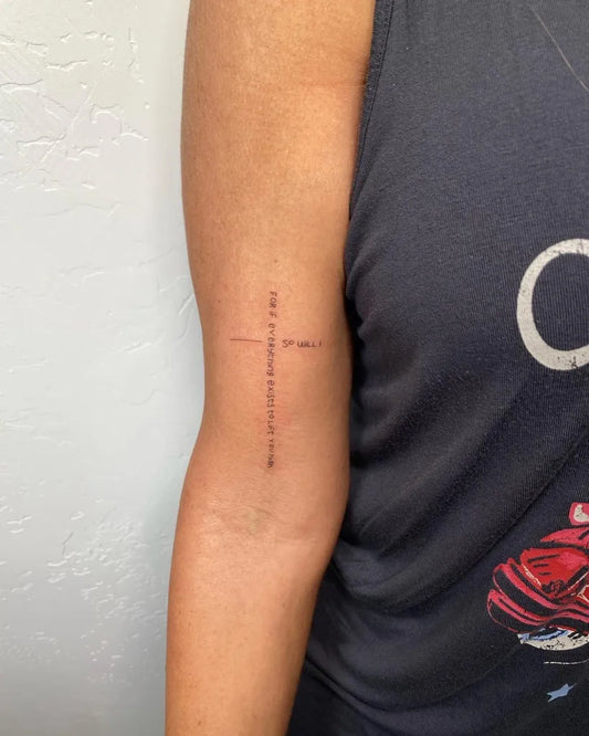 Small Fine Line Cross Quote Tattoo on Women Arm by @_lux_aesthetics