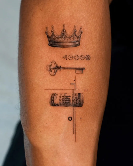 Small Fine Line Crown Key Cylinder Tattoo on Men Arm by @zeetattoo
