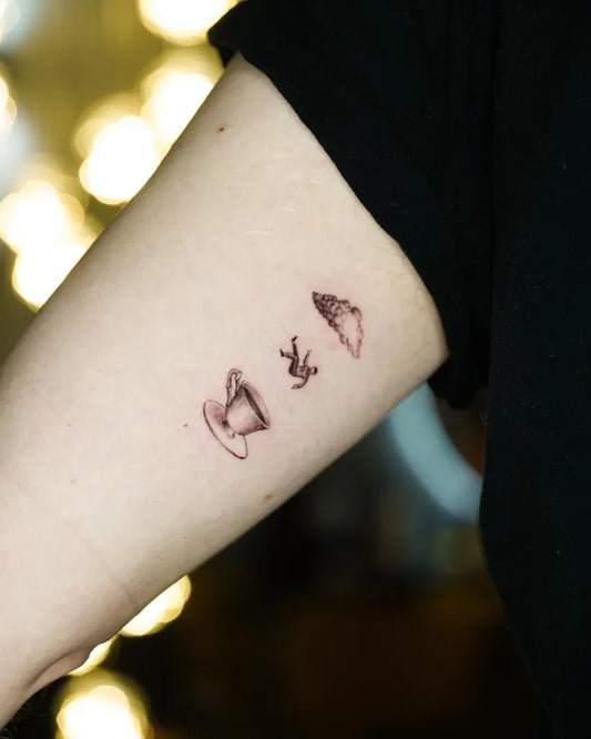 Small Fine Line Cup and Cloud Tattoo on Women Arm by @mickey.ontheclouds