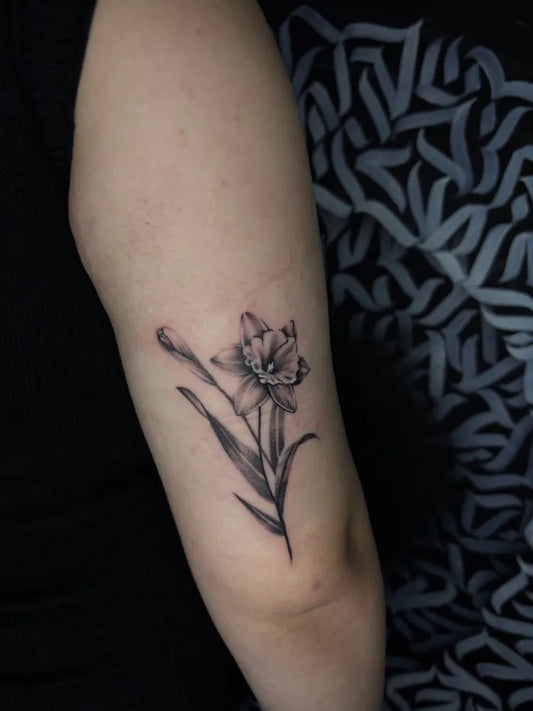 Small Fine Line Daffodil and Stems Tattoo on Women Arm by @tonika_tattoo
