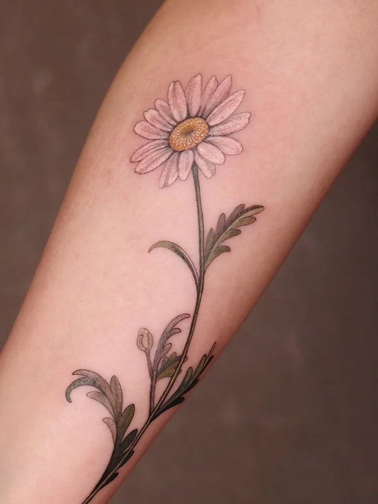 Small Fine Line Daisy Flower Tattoo on Women Forearm by @hedddddy