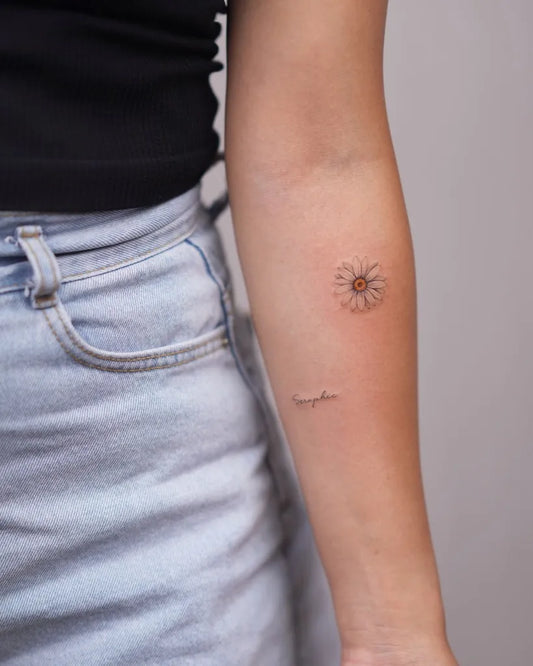 Small Fine Line Daisy Tattoo on Women Forearm by @___chaehwa___