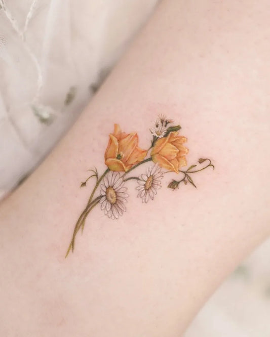 Small Fine Line Daisy and Daffodil Tattoo on Women Arm by @tattooist.haneul