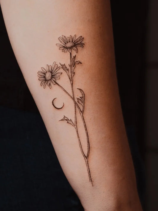 Small Fine Line Daisy and Moon Tattoo on Women Arm by @cathiscosmos