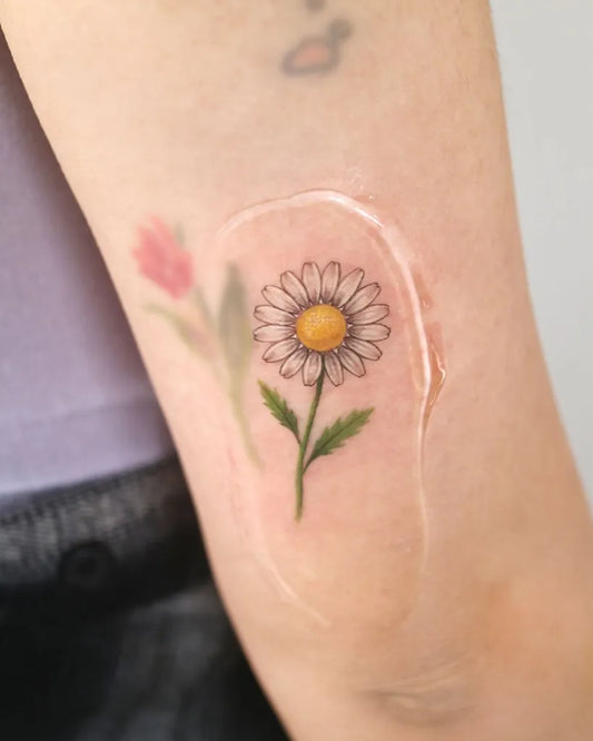 Small Fine Line Daisy and Tulip Tattoo on Women Arm by @zommi.tt