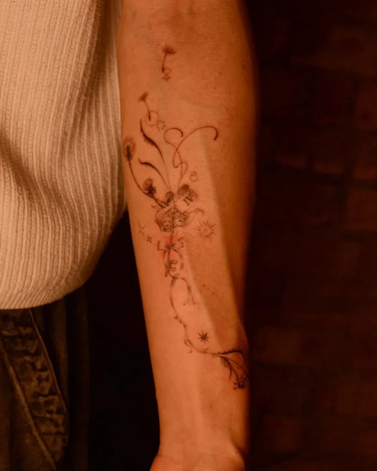 Small Fine Line Dandelion Flowers Tattoo on Women Arm by @wickedmoon.tattoo