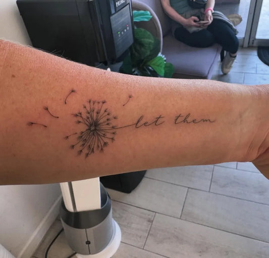 Small Fine Line Dandelion Let Them on Women Arm Tattoo by @liztalsky88