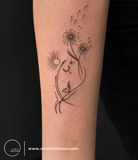 Small Fine Line Dandelion Sun Moon Tattoo on Women Arm by @circletattoodelhi