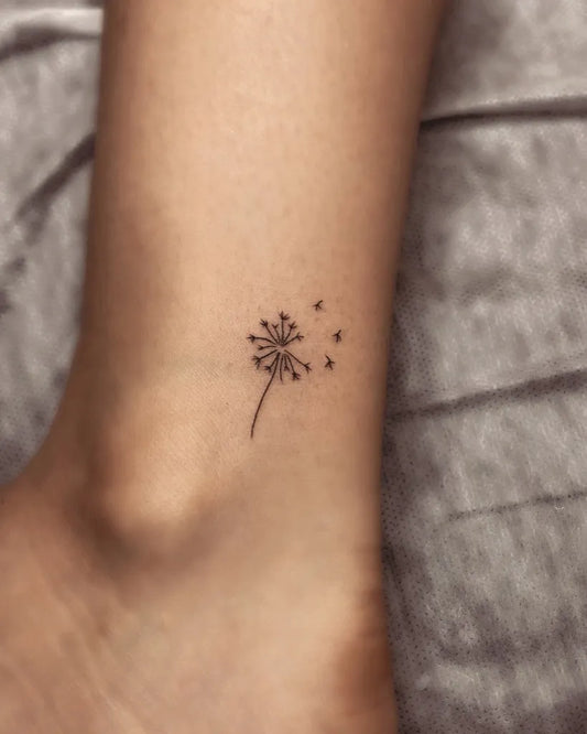 Small Fine Line Dandelion Tattoo on Women Ankle by @rin_tattooer
