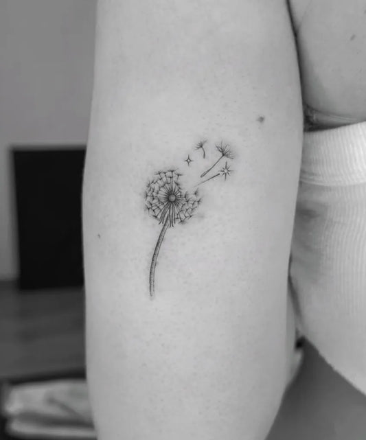 Small Fine Line Dandelion Tattoo on Women Arm by @adamclaridge_