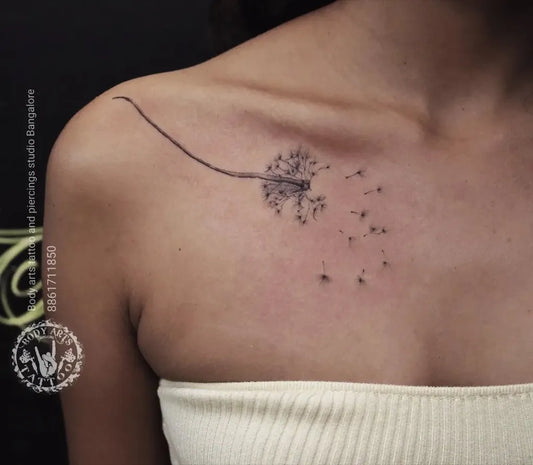 Small Fine Line Dandelion Tattoo on Women Shoulder by @bodyarts_blr