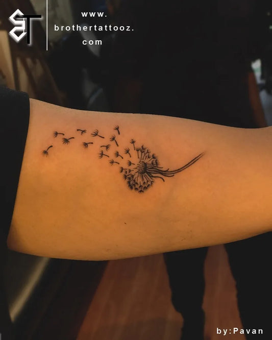 Small Fine Line Dandelion and Birds Tattoo on Women Forearm by @brothertattooz