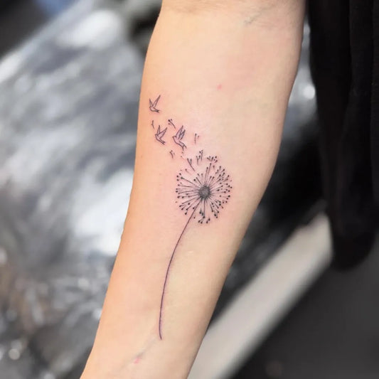 Small Fine Line Dandelion and Birds Tattoo on Women Forearm by @otqt_dailytatts