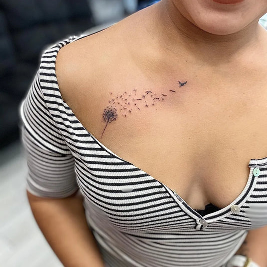 Small Fine Line Dandelion and Birds Tattoo on Women Shoulder by @brian___inkk