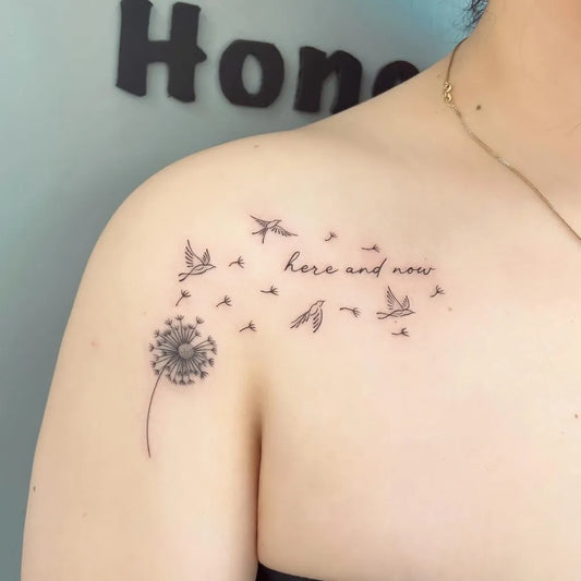 Small Fine Line Dandelion and Birds Tattoo on Women Shoulder by @honeybeetattoo_airu