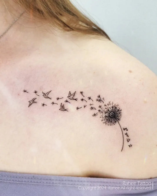 Small Fine Line Dandelion and Birds Tattoo on Women Shoulder by @rahee.tt
