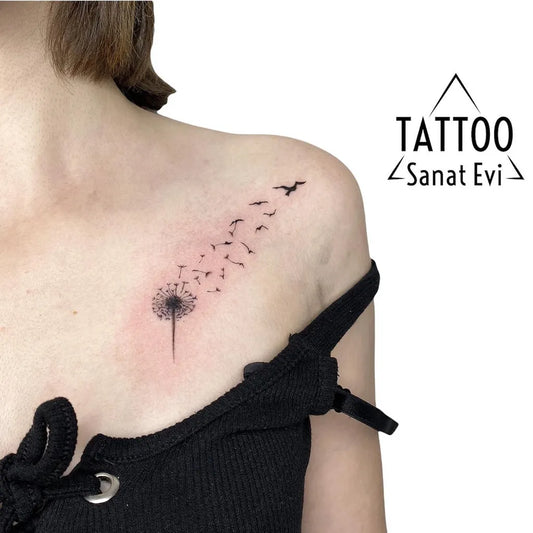 Small Fine Line Dandelion and Birds Tattoo on Women Shoulder by @tattoosanatevi
