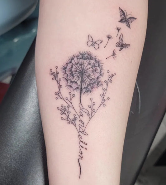 Small Fine Line Dandelion and Butterflies Tattoo on Women Arm by @handcandy_tattoo_piercing