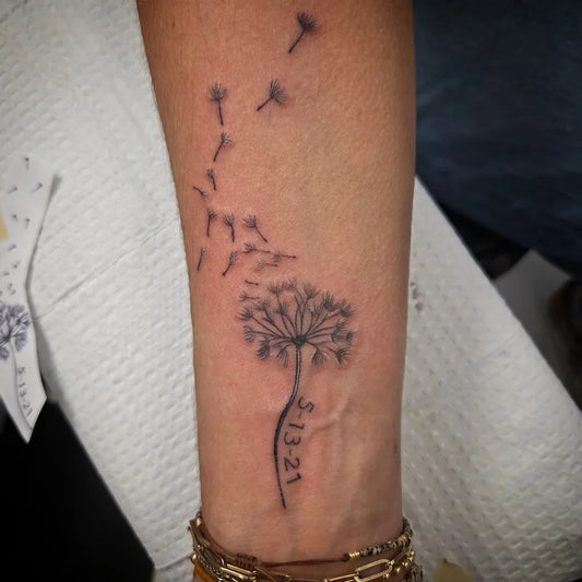 Small Fine Line Dandelion and Numbers Tattoo on Women Ankle by @berryblues