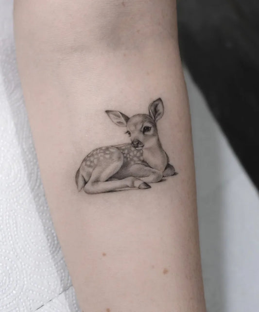 Small Fine Line Deer Tattoo on Women Arm by @susie.tattoo