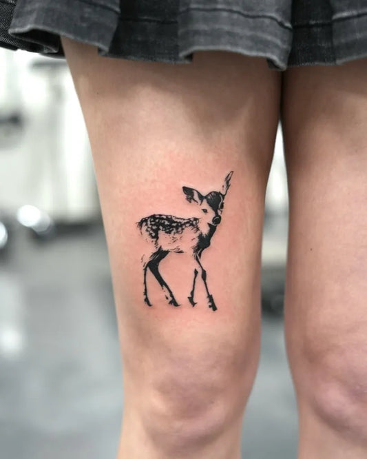 Small Fine Line Deer Tattoo on Women Thigh by @tatsbyalyssa