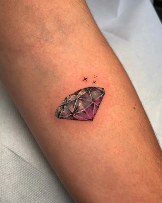 Small Fine Line Diamond with Stars on Women Arm Tattoo by @marichyl