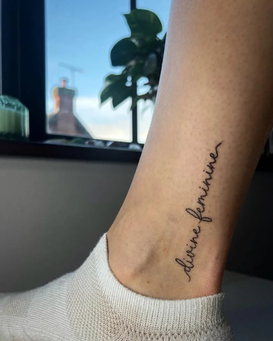 Small Fine Line Divine Feminine Spiritual Tattoo on Women Ankle by @ellenrosetattoo