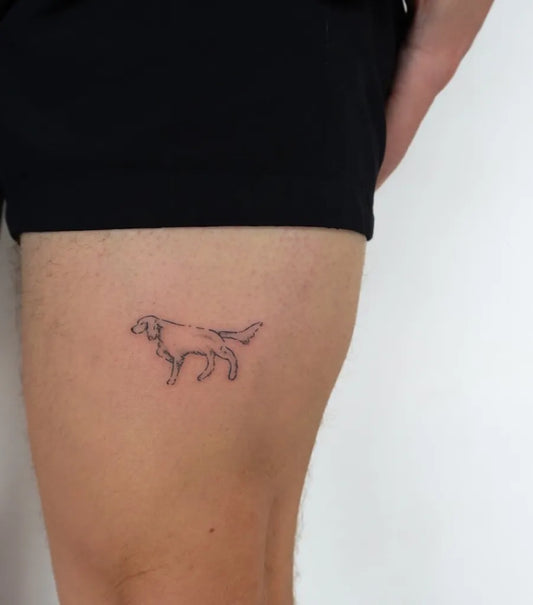 Small Fine Line Dog Tattoo on Men Thigh by @breezehenrique