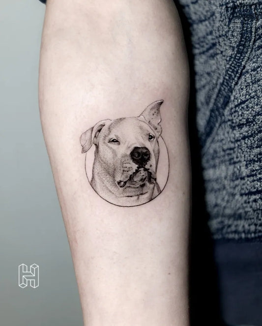 Small Fine Line Dog Tattoo on Women Arm by @hanzloch.tattoo
