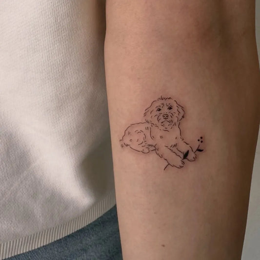 Small Fine Line Dog with Flowers Tattoo on Women Arm by @bymimomu