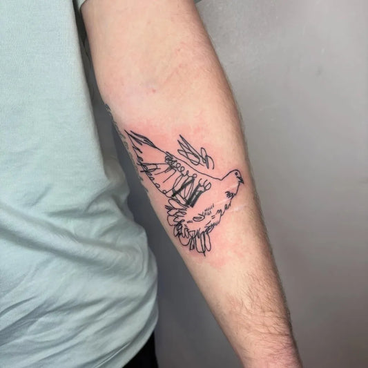 Small Fine Line Dove Tattoo on Men Arm by @lamhamilton