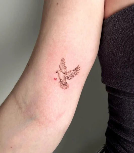 Small Fine Line Dove with Heart Tattoo on Women Upper Arm by @titletattoostudios