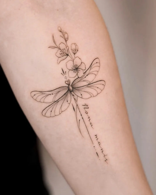Small Fine Line Dragonfly Flowers with Memento Mori Women Arm Tattoo by @the_moderndayhippie_tattoo